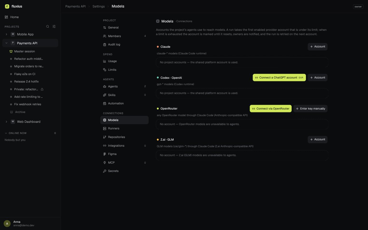 Project settings, Models tab: provider accounts for Claude, Codex and OpenAI, OpenRouter and Z.ai