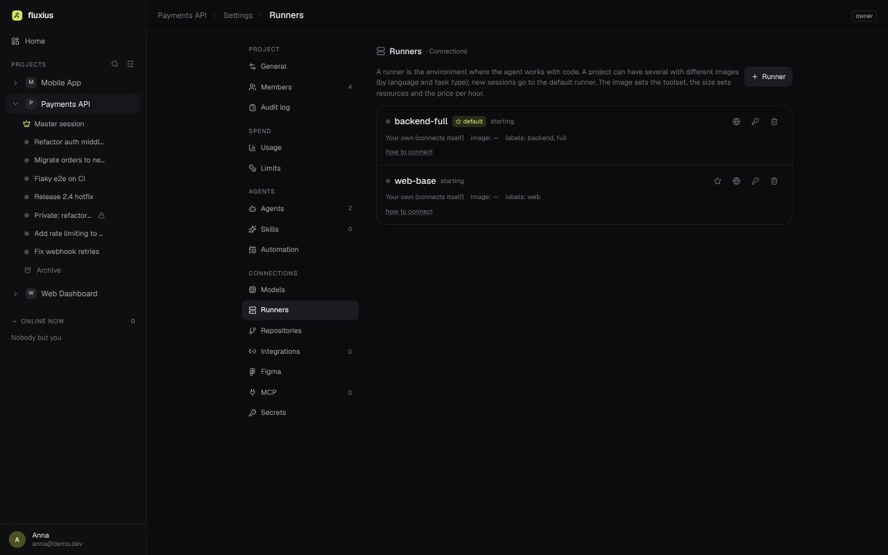 Project settings, Runners tab: a runner with its image, labels and connection instructions