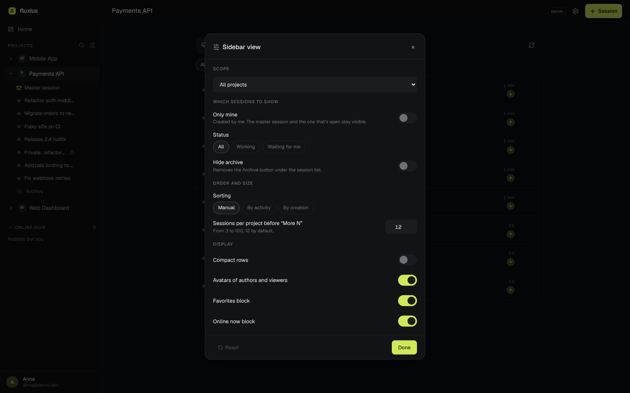 Sidebar view settings: scope, filters, sorting and display options